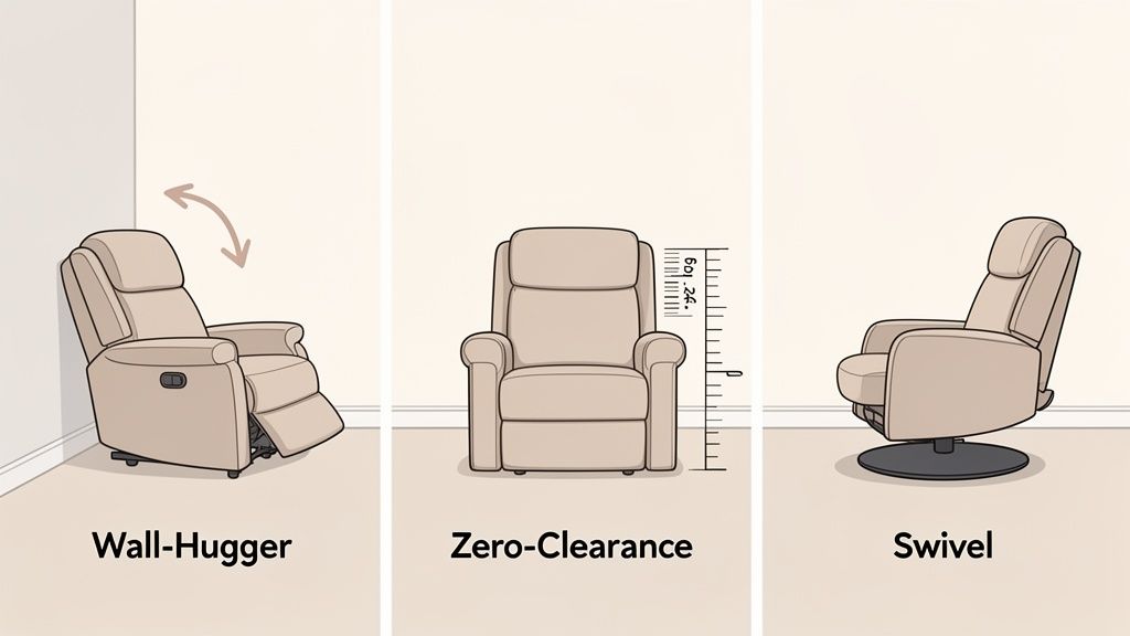 Illustrations of three recliners: wall-hugger, zero-clearance, and swivel, ideal for small spaces.