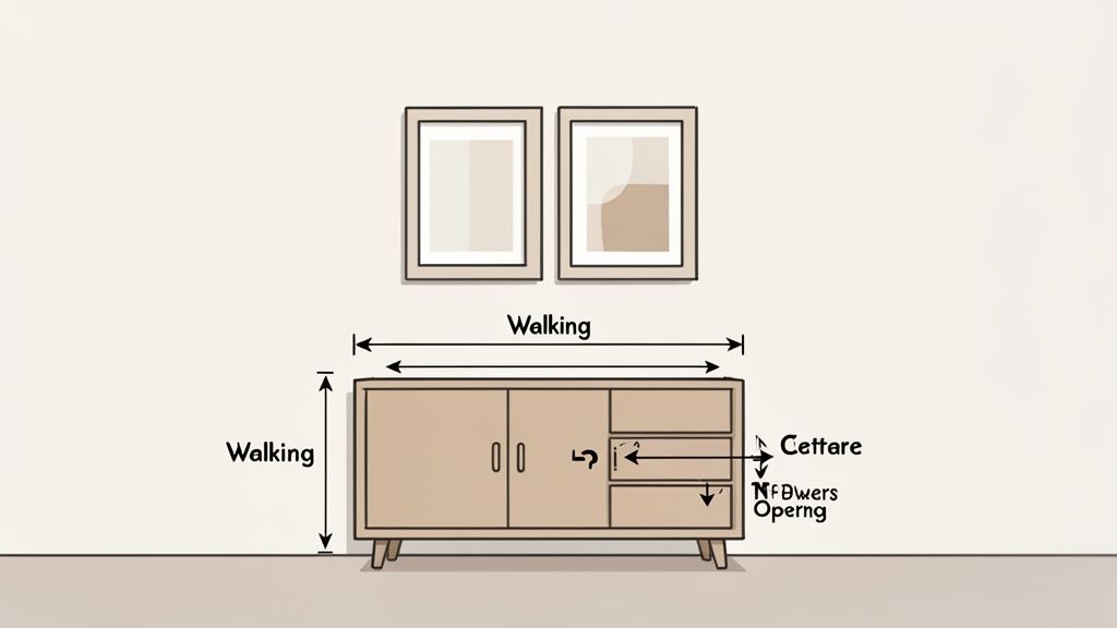 An illustration of a wooden sideboard with two doors and three drawers, two framed pictures above, and measurement annotations.
