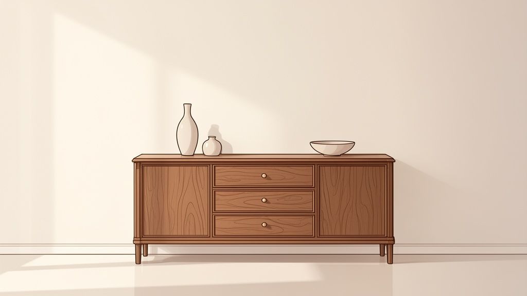 A wooden sideboard with drawers and cabinets, adorned with decorative white vases and a bowl.