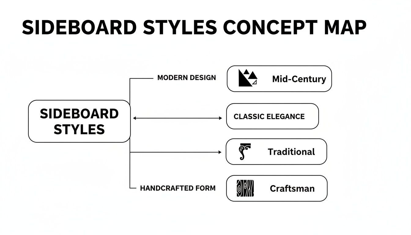 A concept map showing sideboard styles including Modern Design (Mid-Century), Classic Elegance, Traditional, and Handcrafted Form (Craftsman).