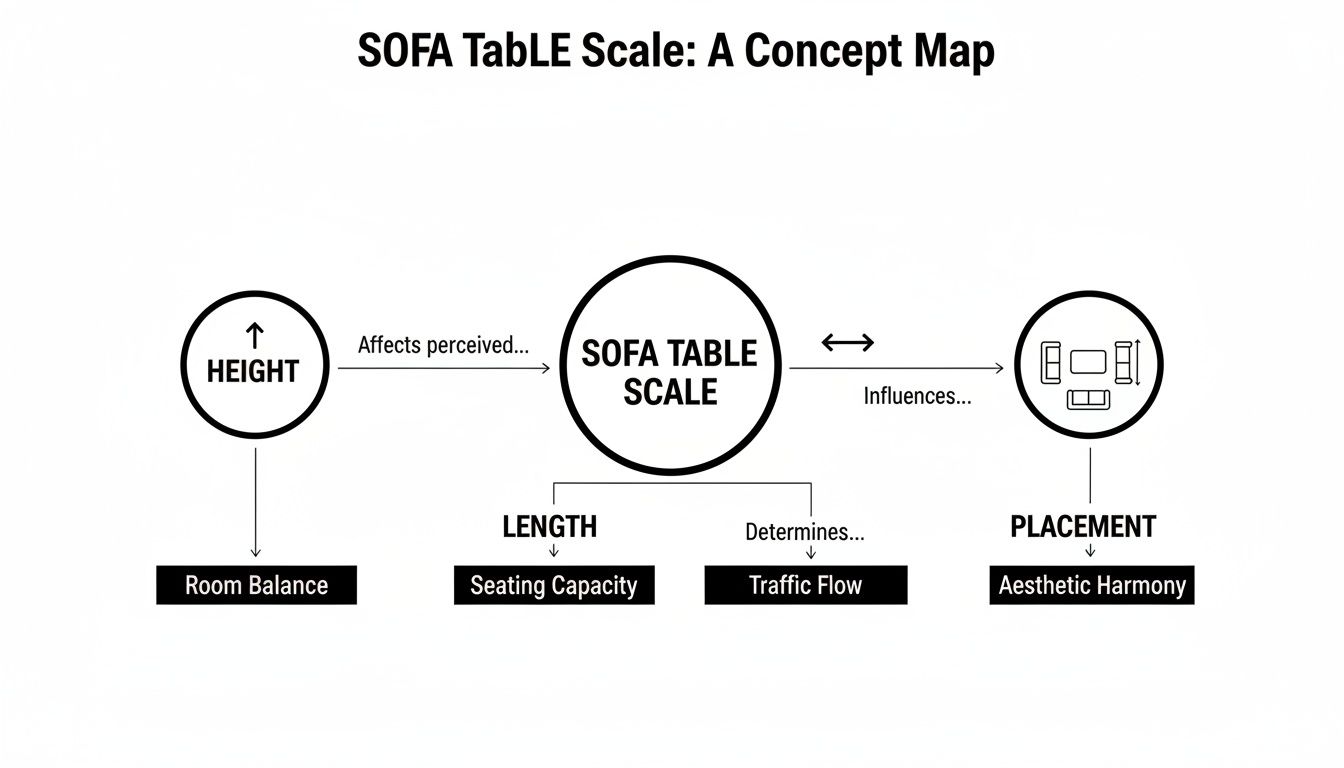 A concept map showing SOFA TABLE SCALE, influenced by height, length, and placement for room design.