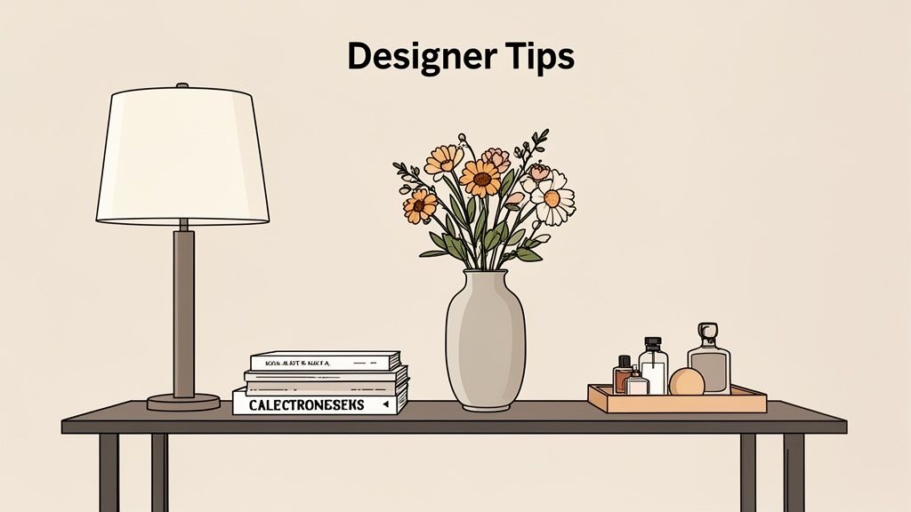 A minimalist table setup with a lamp, stacked books, a vase of flowers, and a decorative tray, with the text 'Designer Tips' above.