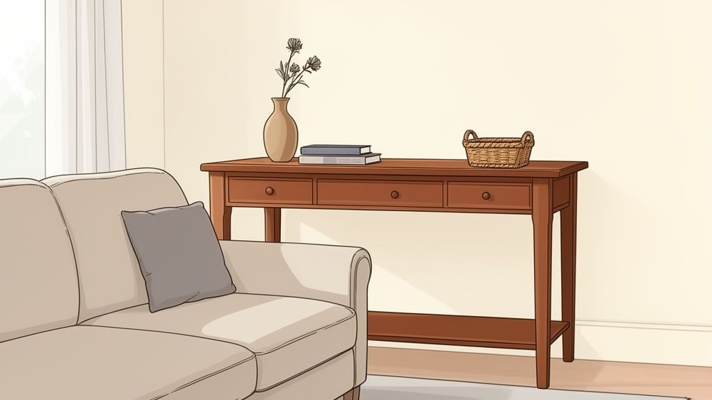 A cozy living room with a beige sofa and a wooden console table featuring drawers, decorated with a vase and books.