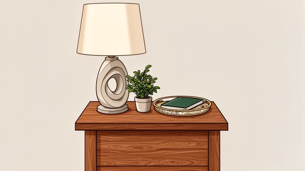 A cozy wooden end table holding a stylish lamp, a small potted plant, and a book.