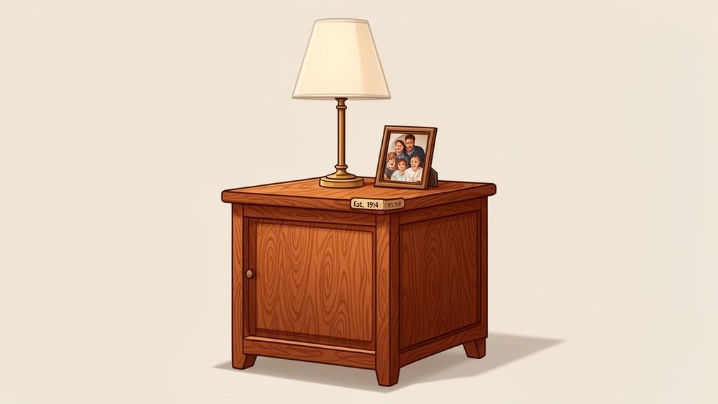 A wooden end table with a lamp, a framed family photo, and an 'Est. 1914' tag.
