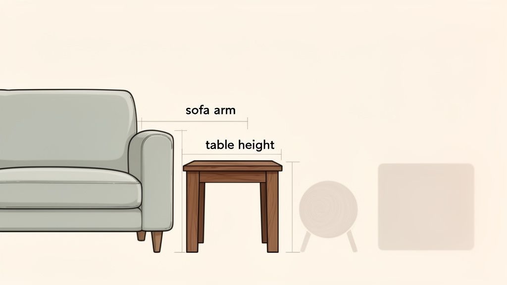A brown wooden end table next to a light gray sofa, illustrating table height relative to the sofa arm.