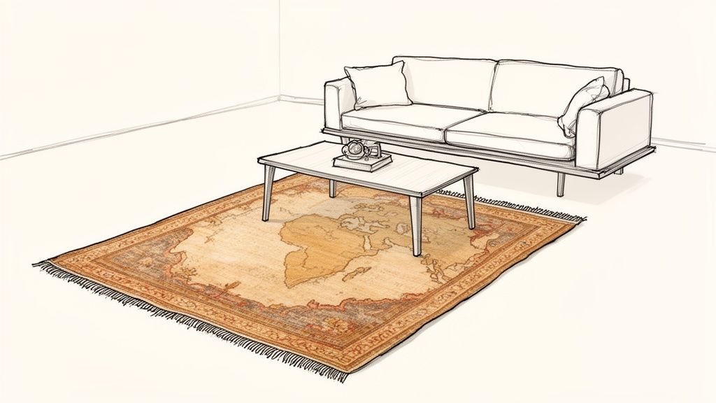 A sketched living room featuring a white sofa, a light wood coffee table, and a map-patterned rug.