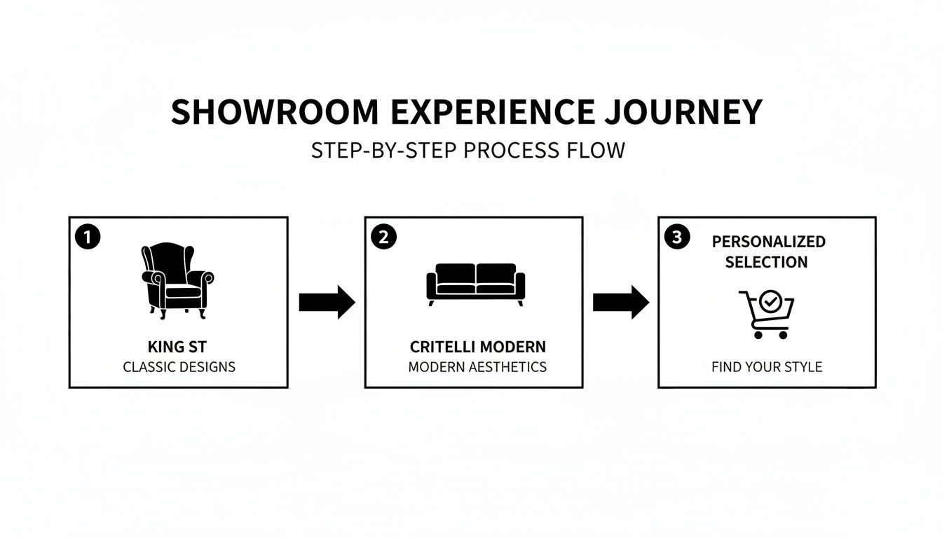 A step-by-step showroom experience journey illustrating classic and modern furniture selection process.