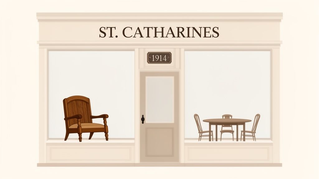 Vintage illustration of a "St. Catharines" furniture store facade with a 1914 sign and wooden furniture displays.