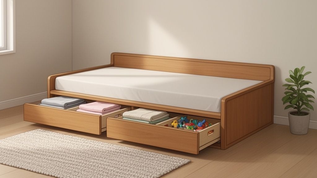 A wooden twin daybed with a white mattress and three open storage drawers, filled with bedding and toys.