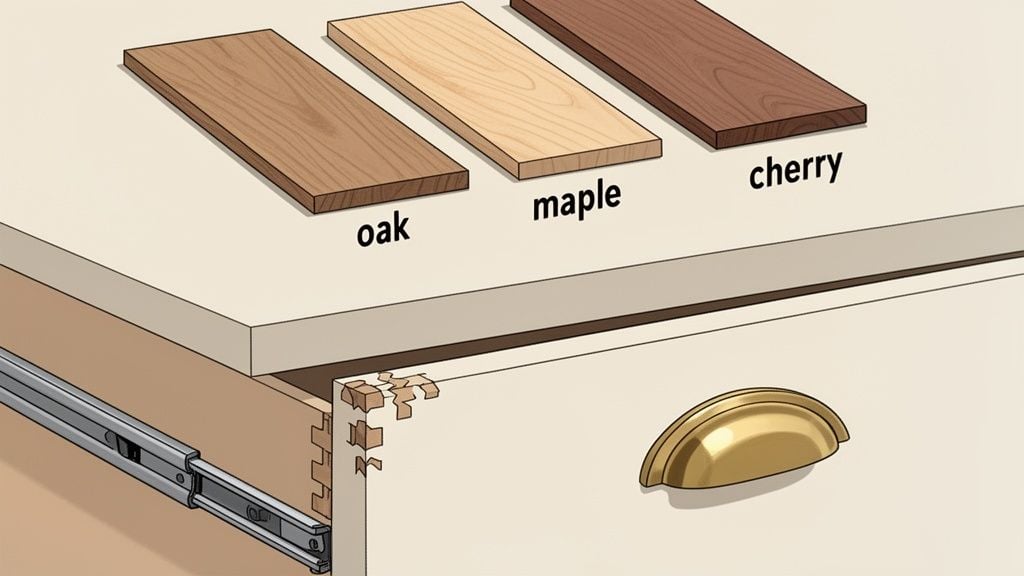 Three wood samples (oak, maple, cherry) on a dresser with an open drawer showing a dovetail joint and drawer slide.