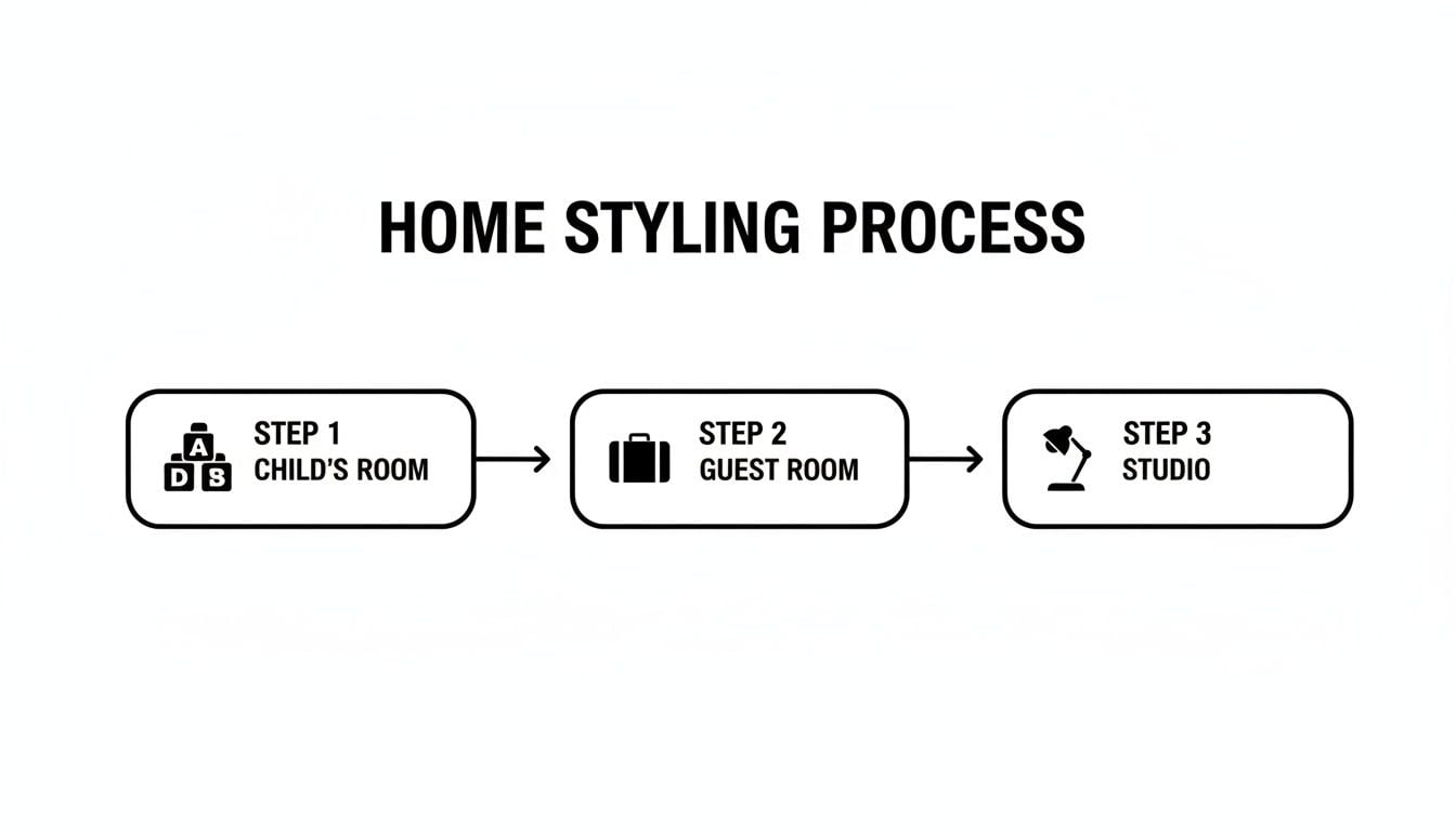 A flowchart illustrating the home styling process, showing three steps: child's room, guest room, and studio.
