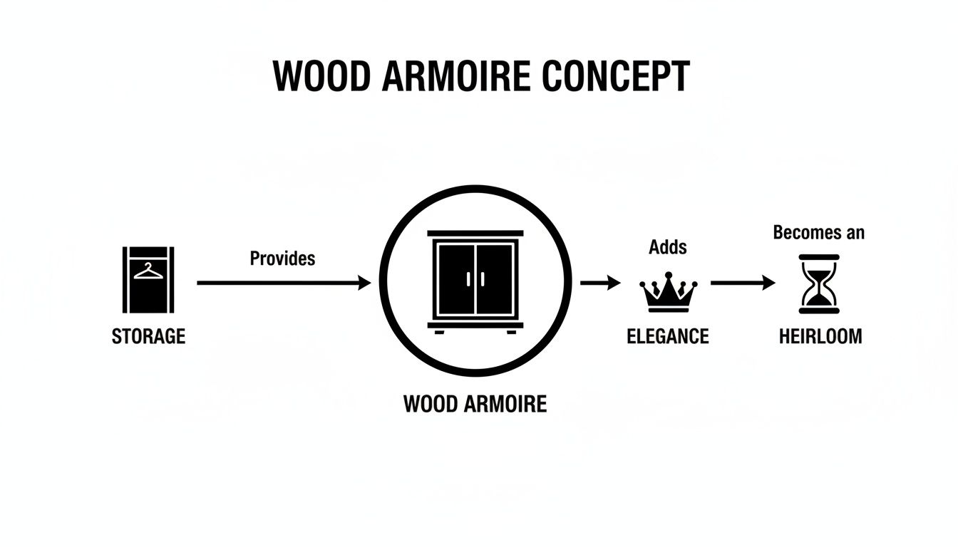 Flowchart illustrating the Wood Armoire Concept: Storage provides a Wood Armoire, which adds Elegance and becomes an Heirloom.