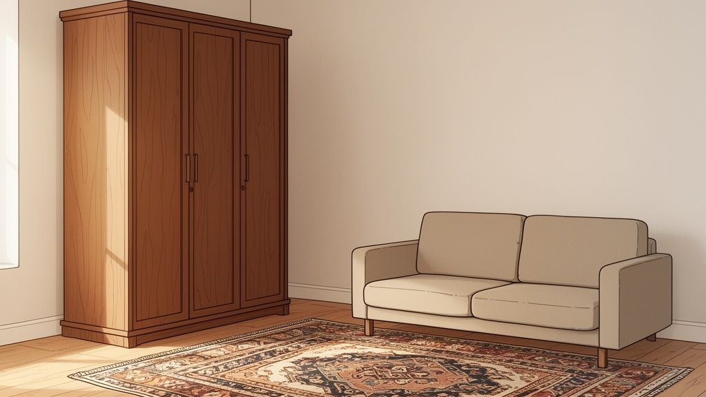 A spacious room with a wooden armoire, a beige sofa, and a patterned rug on a wooden floor.