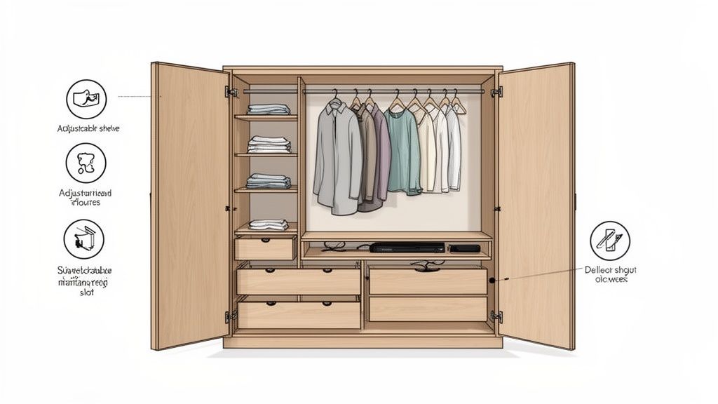 An open wooden wardrobe displaying hanging clothes, folded items on shelves, and multiple drawers.