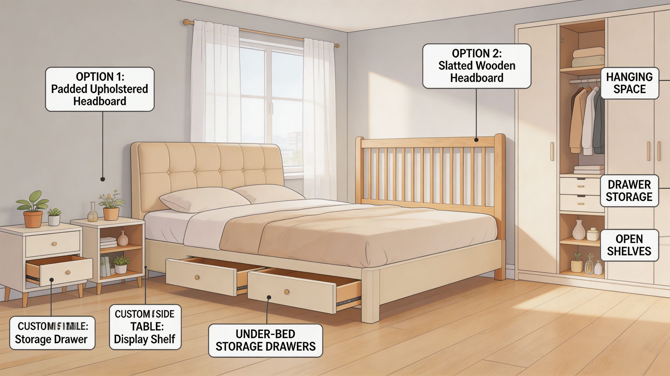 A customizable bedroom set featuring different headboard options, under-bed storage drawers, and a functional wardrobe closet.