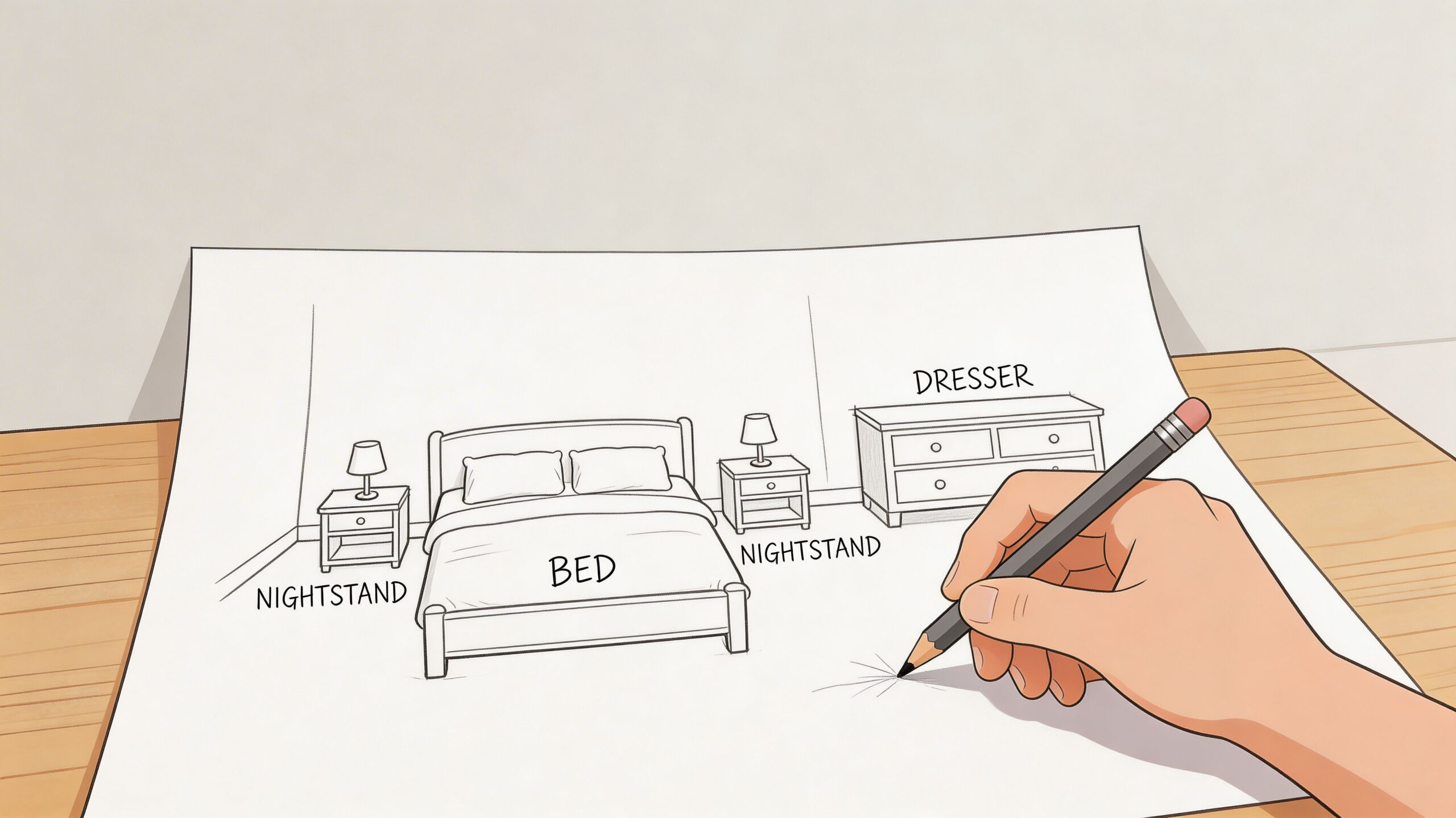 A hand drawing a floor plan of a bedroom set including a bed, nightstands, and a dresser.