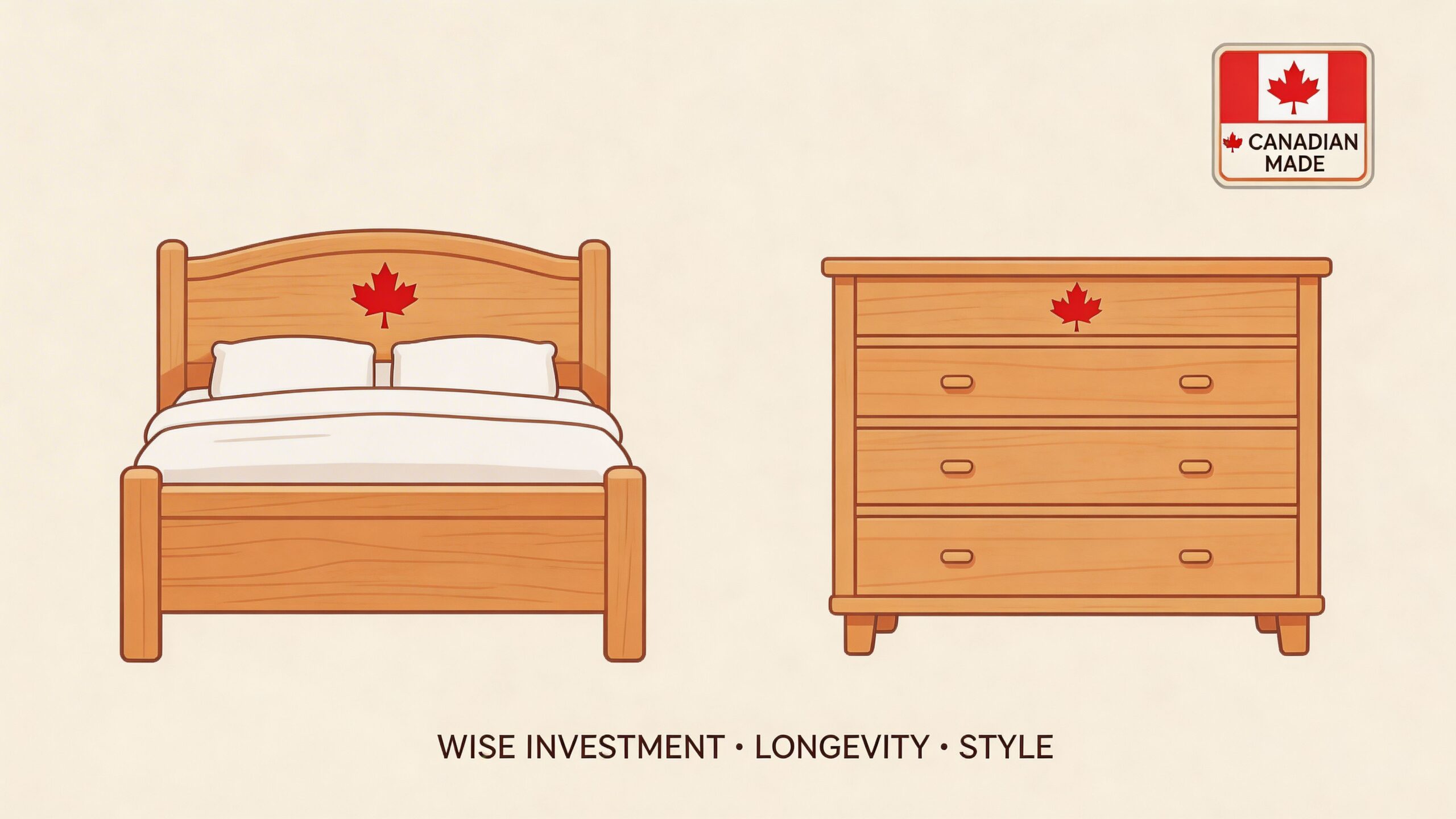 A wooden bed and matching dresser featuring Canadian maple leaf icons on a light background.