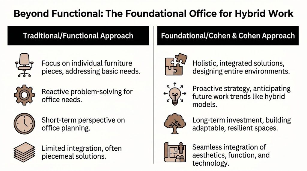 A comparison chart showing differences between traditional functional office approaches and Cohen and Cohen's holistic office design strategies.