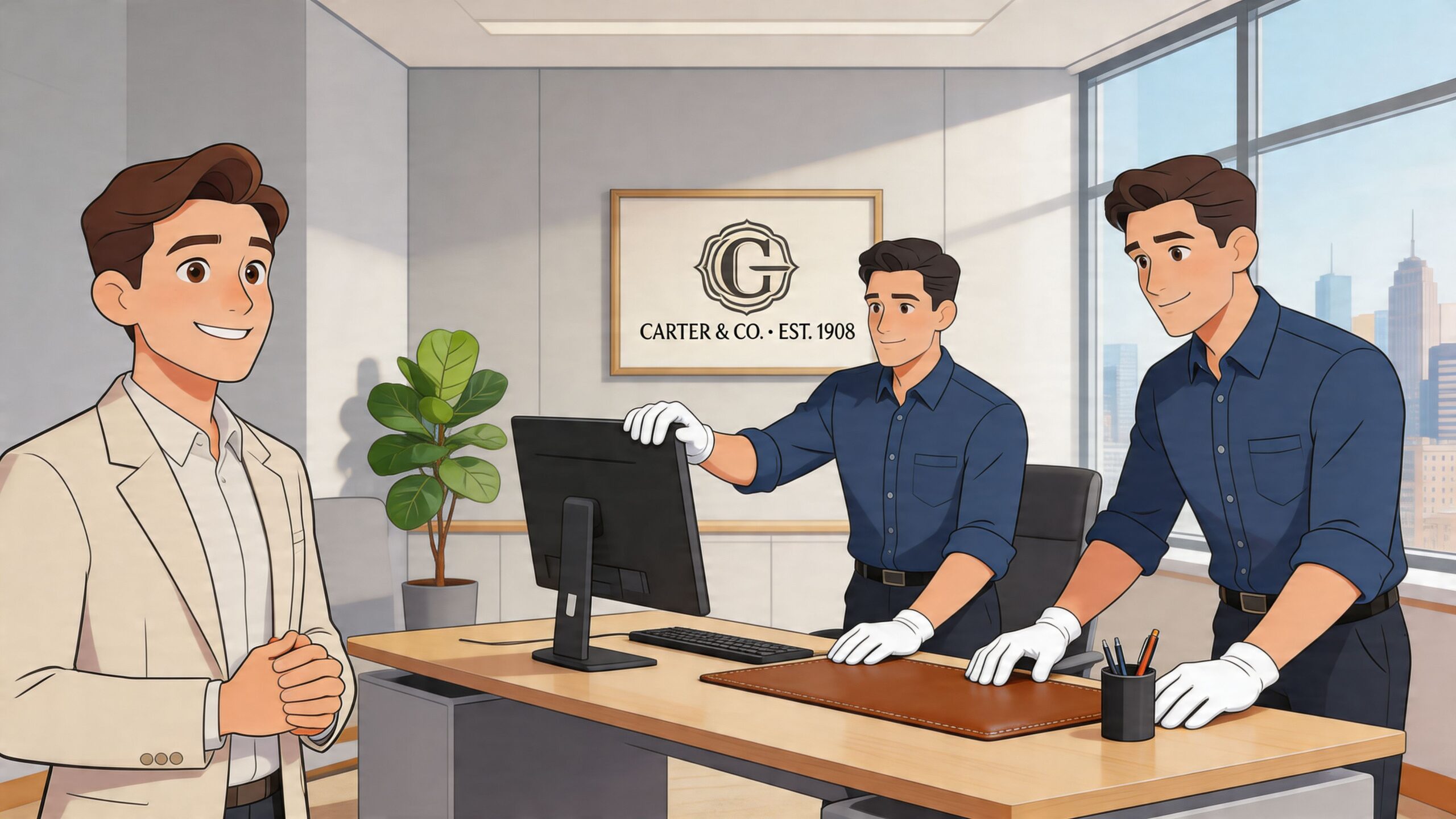 A professional setting in a modern office featuring three businessmen interacting with technology and office decor.