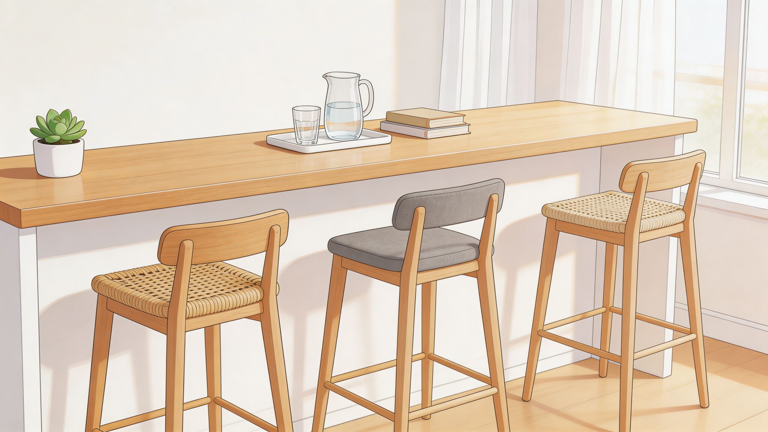 A minimalist wooden counter height table with three stools, a plant, and water glasses in a sunlit room.