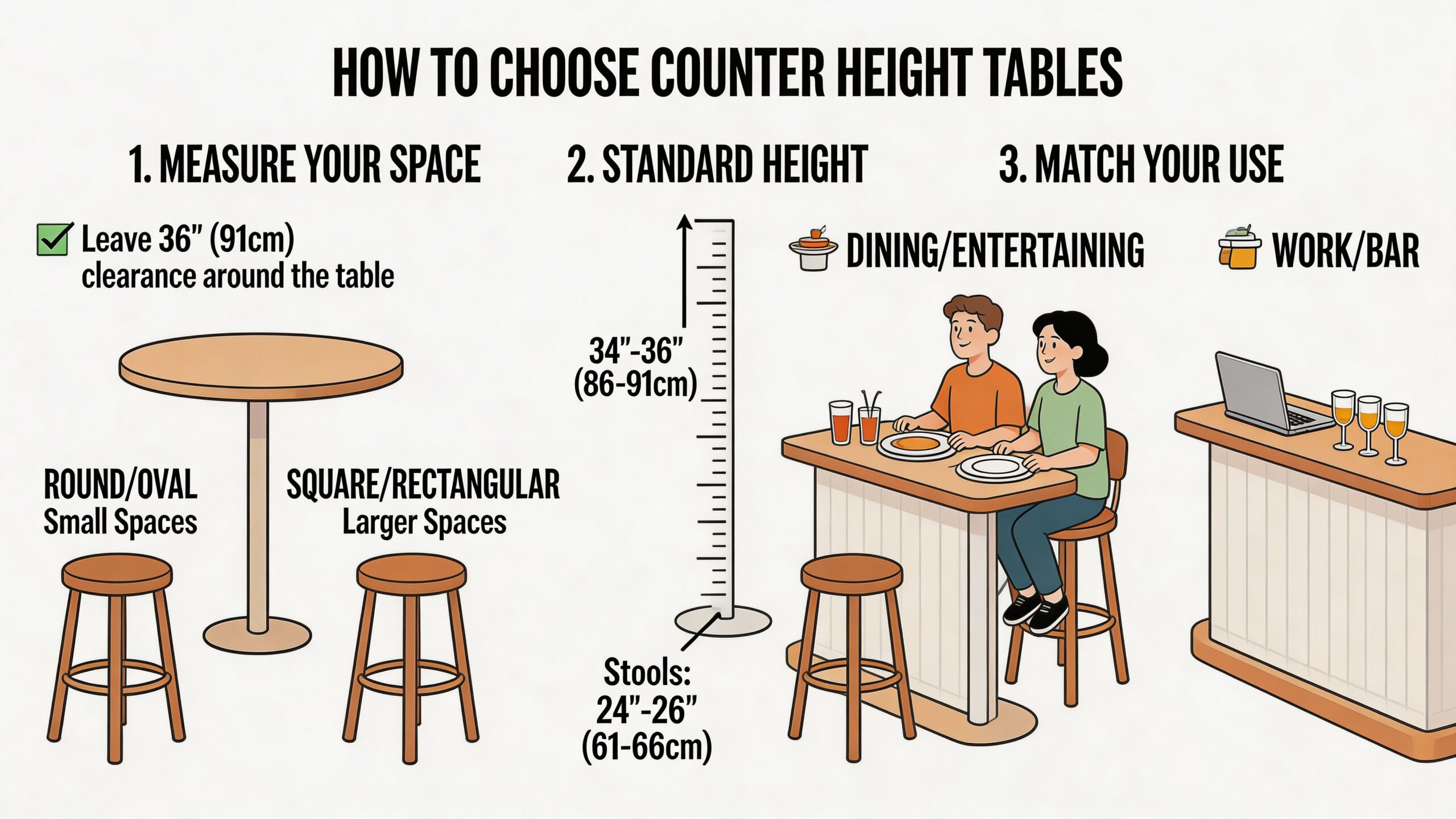 An infographic showing how to select counter height tables, including measurements, space requirements, and usage examples.