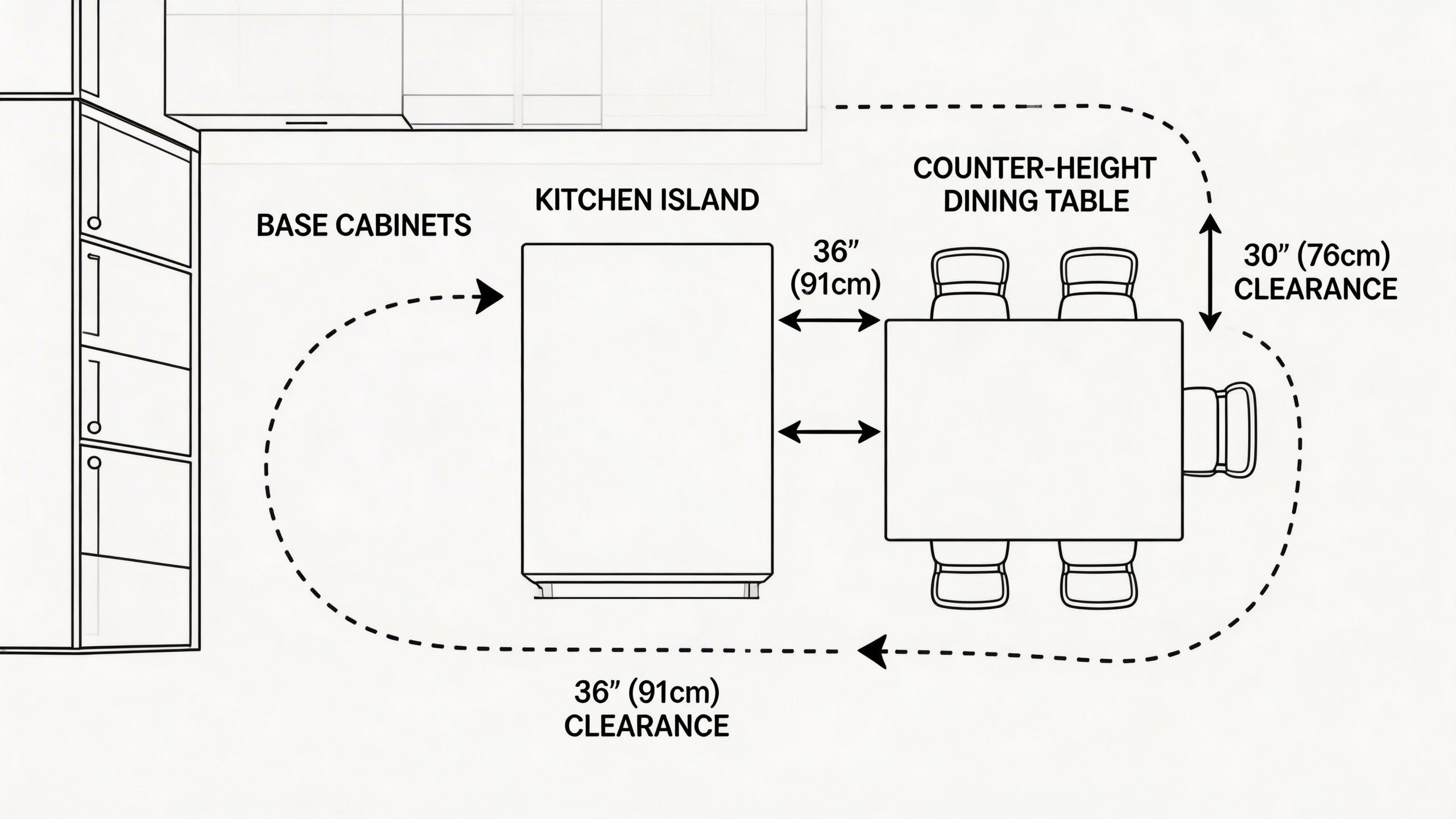 A floor plan diagram showing the recommended clearance spaces between a kitchen island and a counter-height dining table.