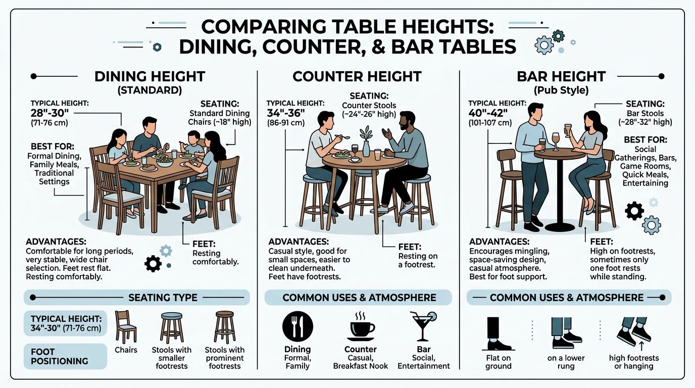 An infographic comparing dining, counter, and bar table heights along with their common uses and seating styles.