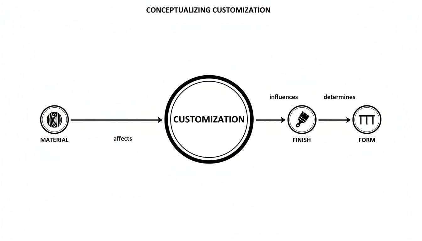 Diagram illustrating the conceptualization of customization, showing how material affects it, which influences finish, and determines form.