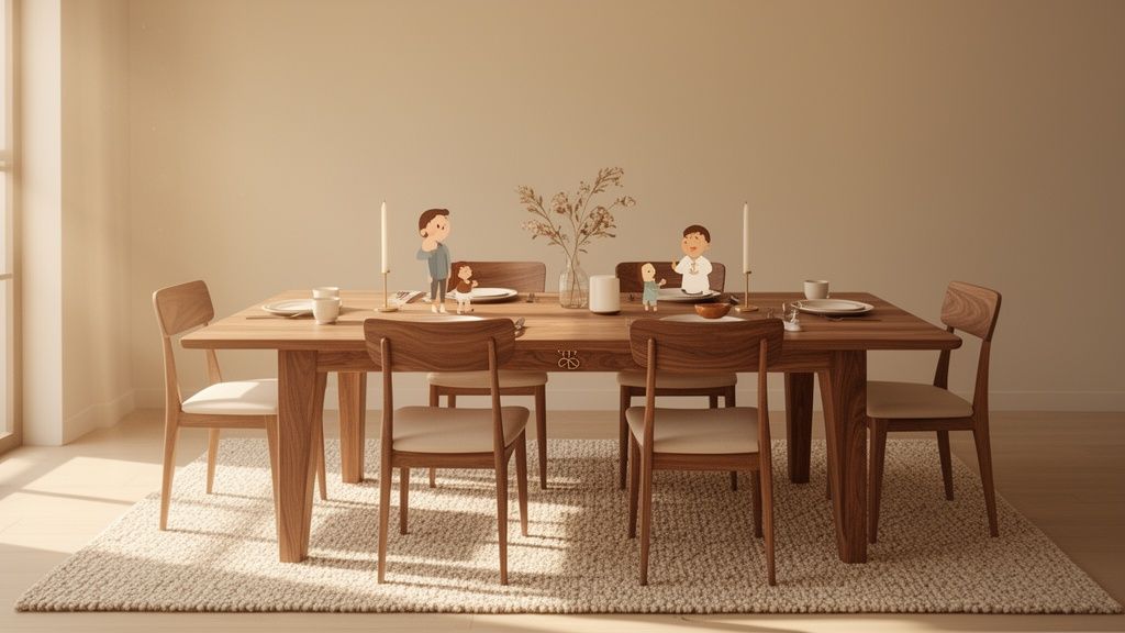 A cozy dining room with a wooden table, chairs, candles, and a vase, featuring cartoon family figures.