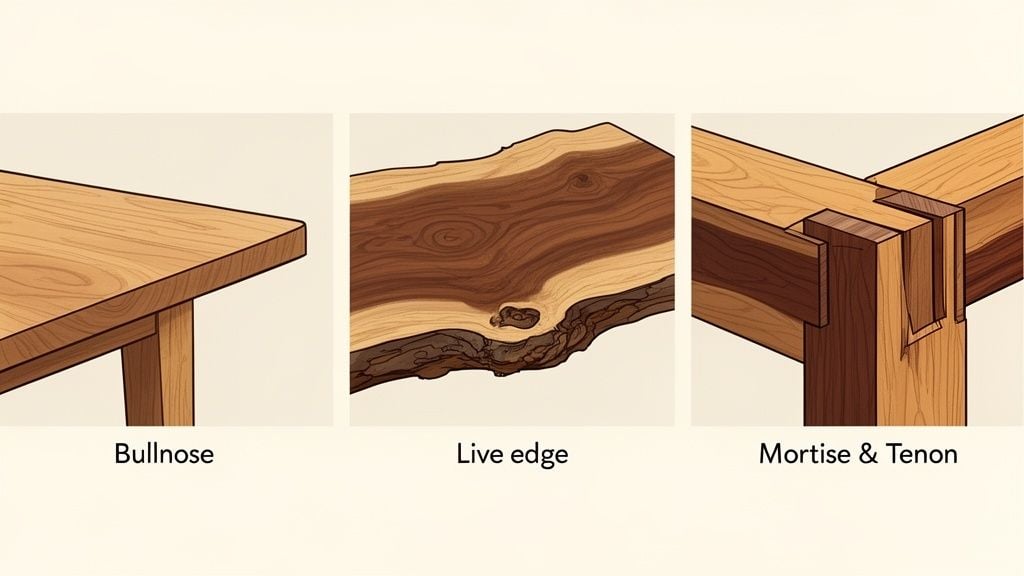 Three woodworking examples: a bullnose table edge, a live edge wood slab, and a mortise and tenon joint.