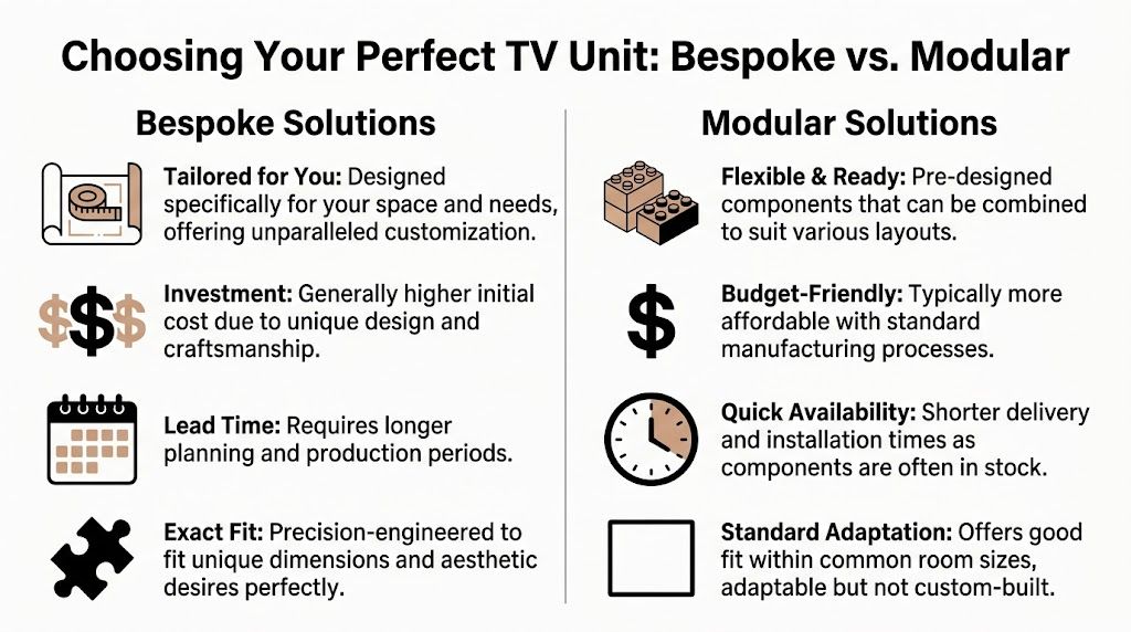 A comparison chart outlining the pros and cons of bespoke versus modular TV unit designs for home interiors.