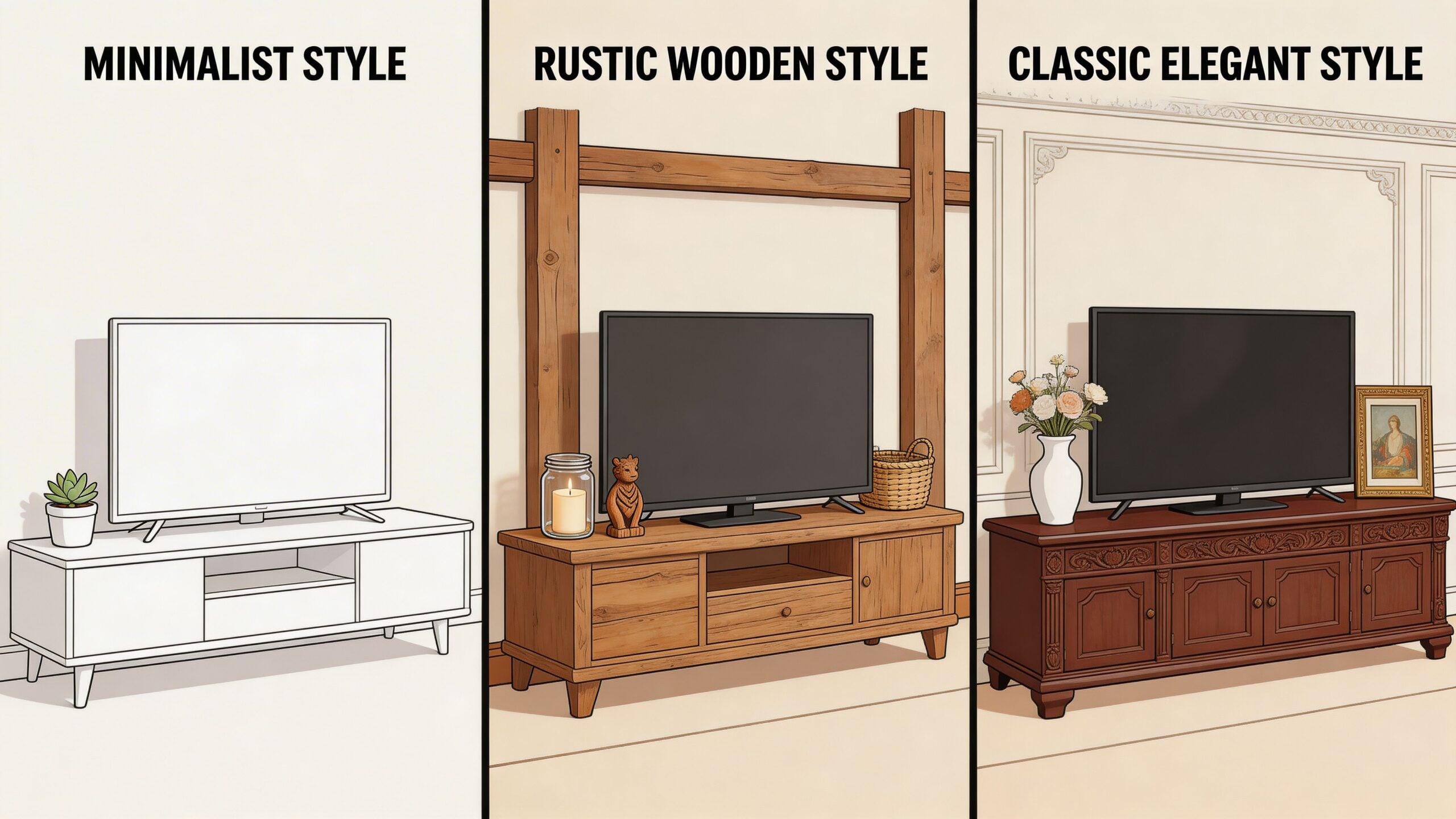 A comparison image showcasing three different TV unit styles including minimalist, rustic wooden, and classic elegant designs.