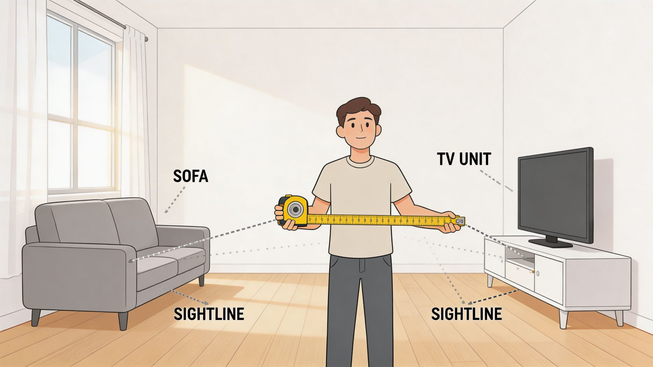 A person holding a measuring tape in a room with a grey sofa and a TV unit.