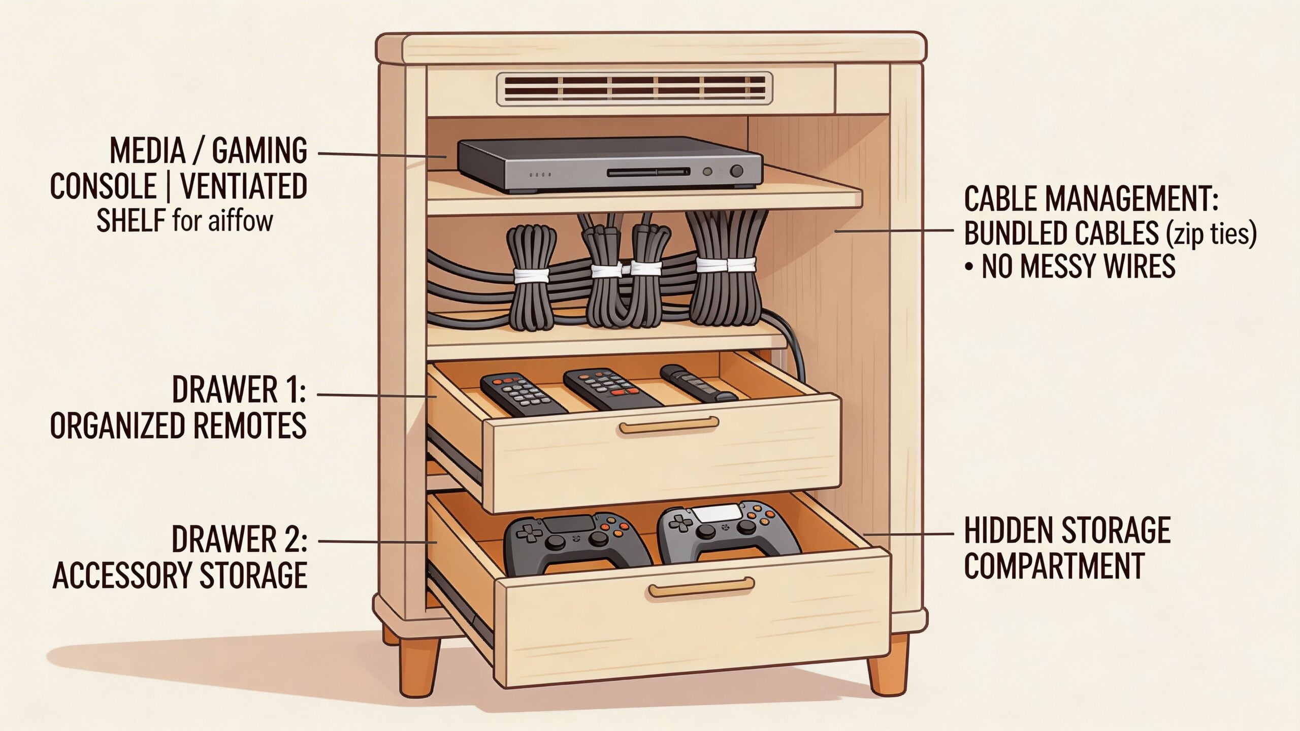 A diagram of a wooden media console featuring organized shelves for gaming consoles, cables, and accessory drawers.