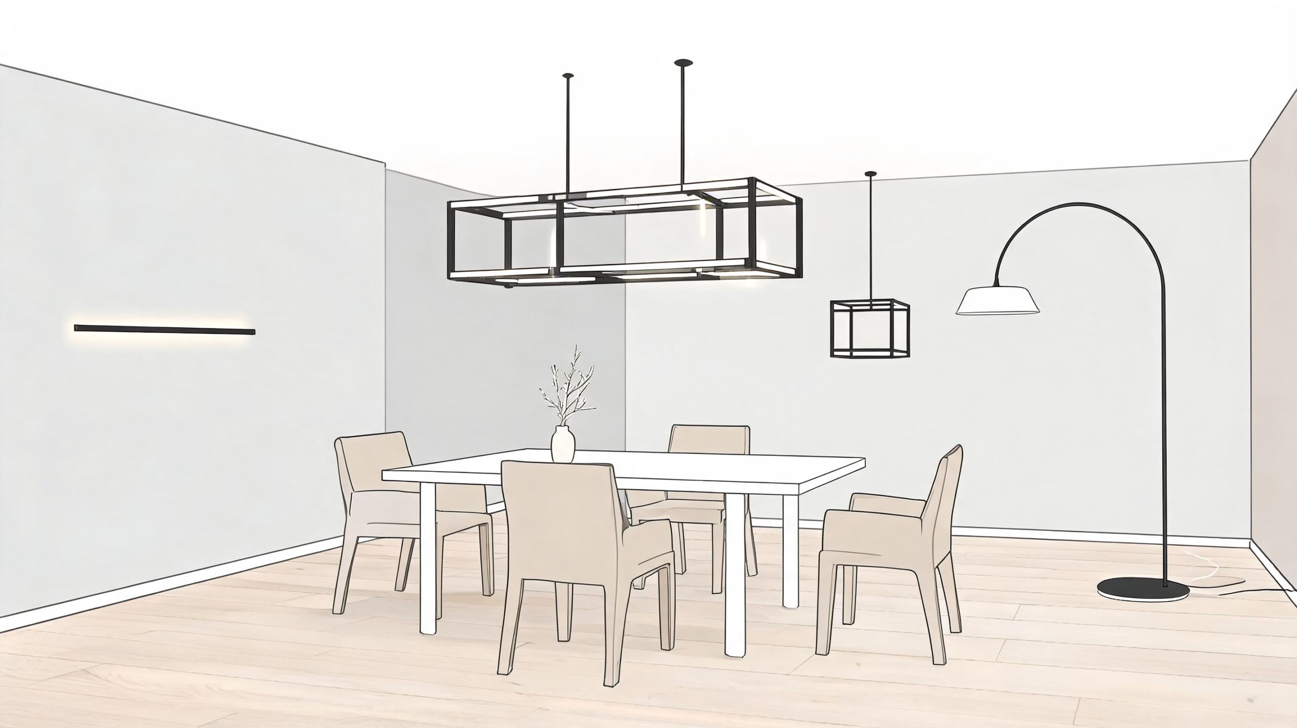 A modern dining room featuring a rectangular black frame pendant light, floor lamp, and white dining table.