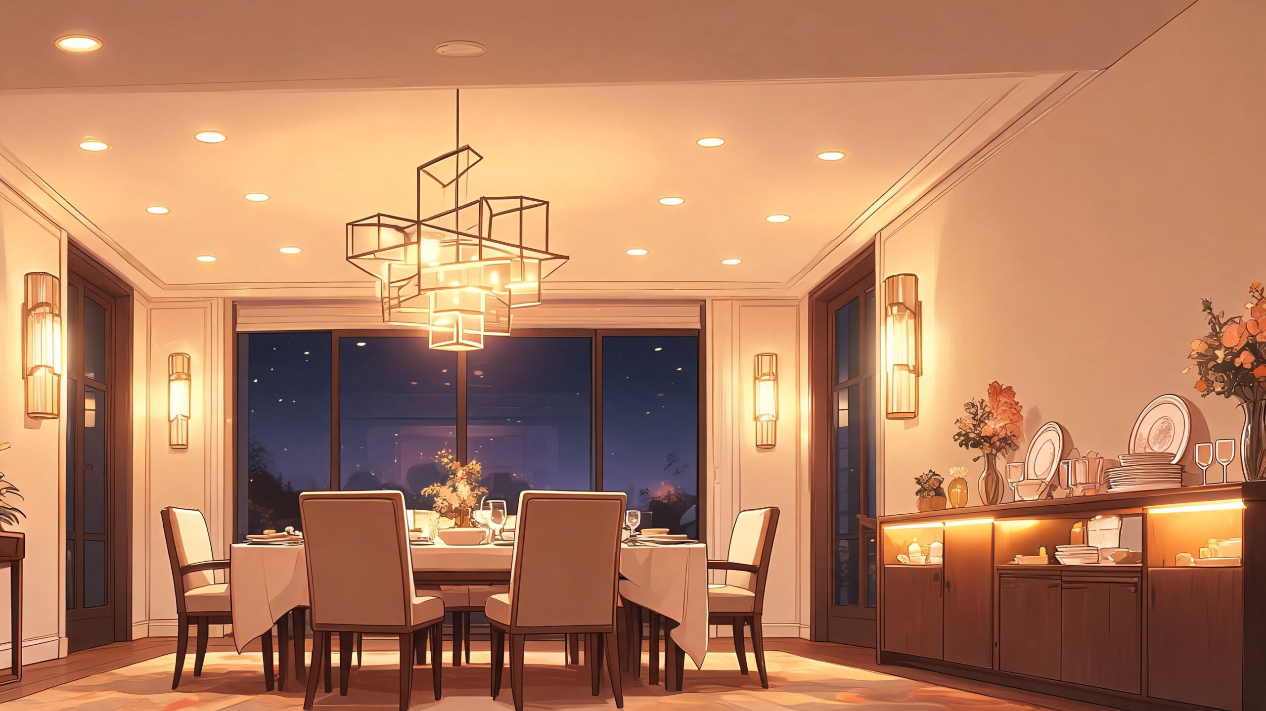 A luxurious contemporary dining room featuring warm ambient lighting, elegant chairs, and a geometric chandelier at night.