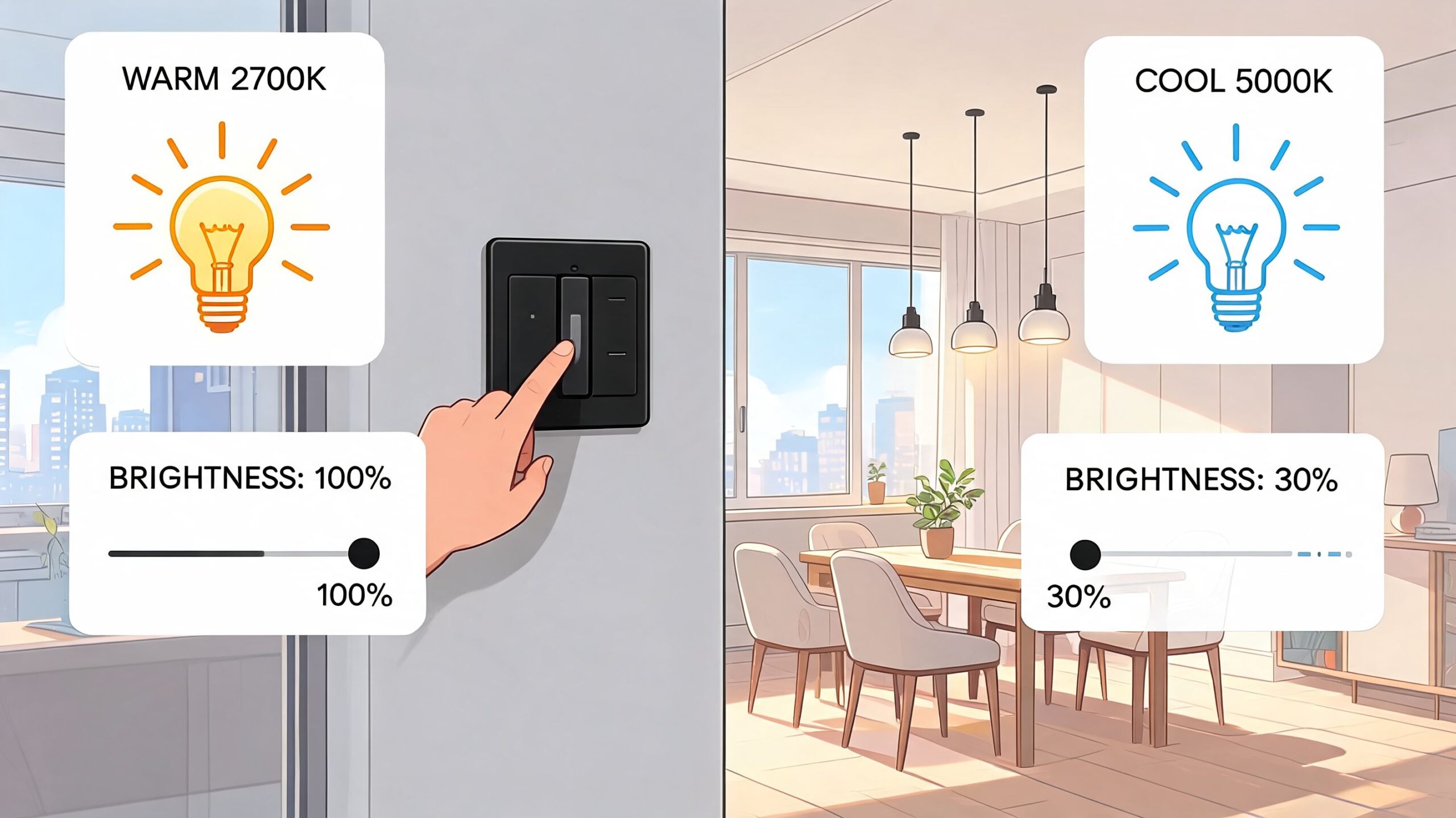 A hand adjusts a smart wall switch to control dining room lighting settings and brightness levels.