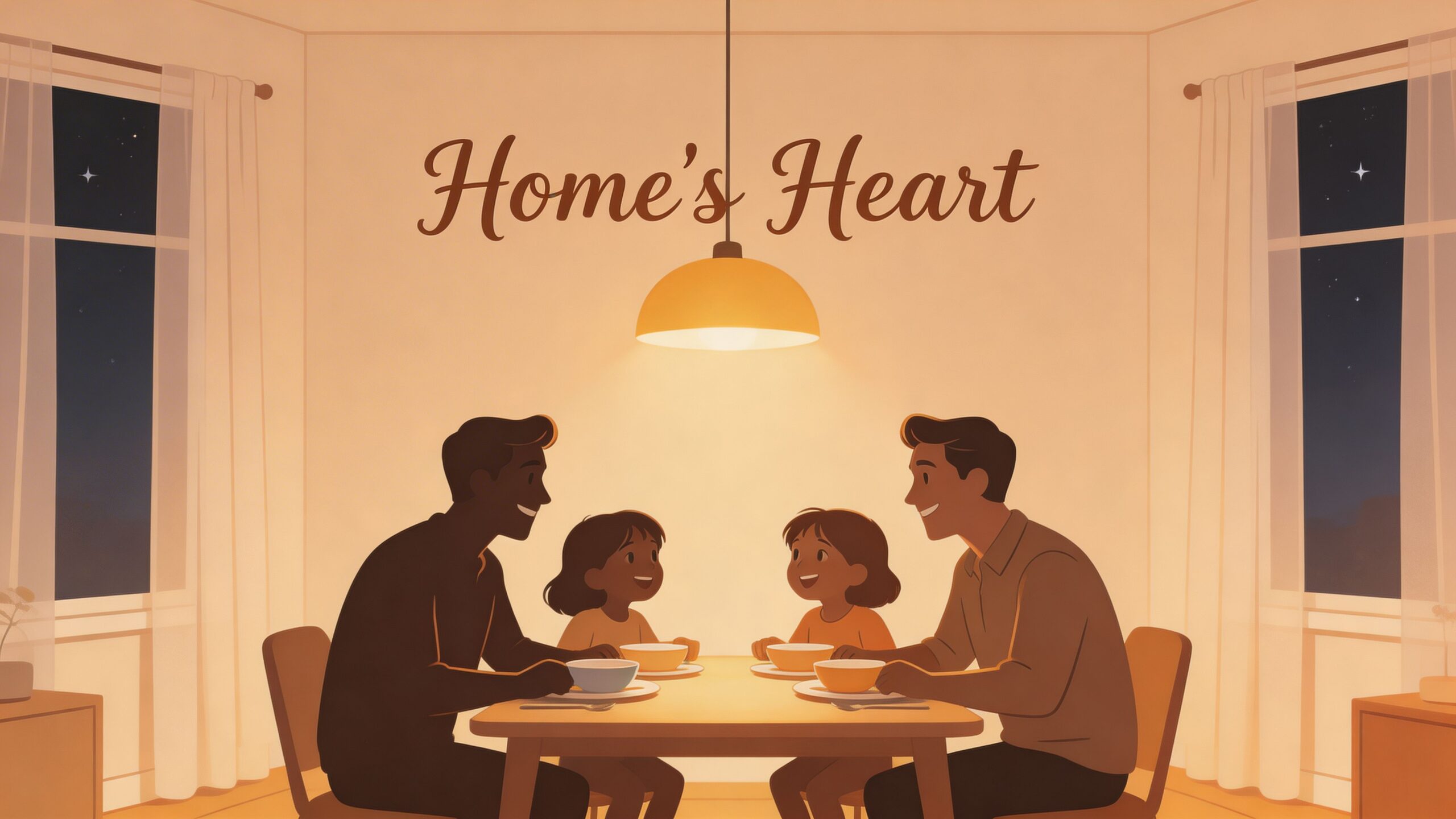 A warm, stylized illustration of a family of four dining together under a glowing pendant light.