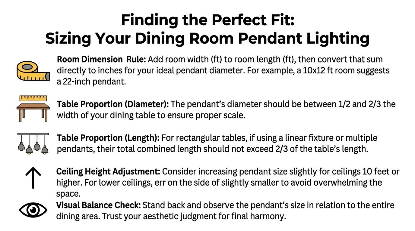 A helpful infographic guide illustrating rules for sizing pendant lighting in a dining room space.