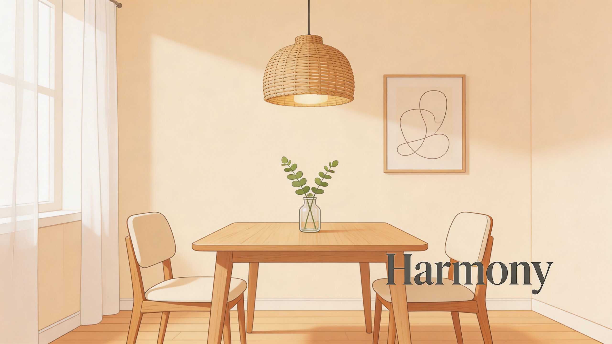 A cozy, minimalist dining room featuring a wooden table, two chairs, and a natural woven pendant light.