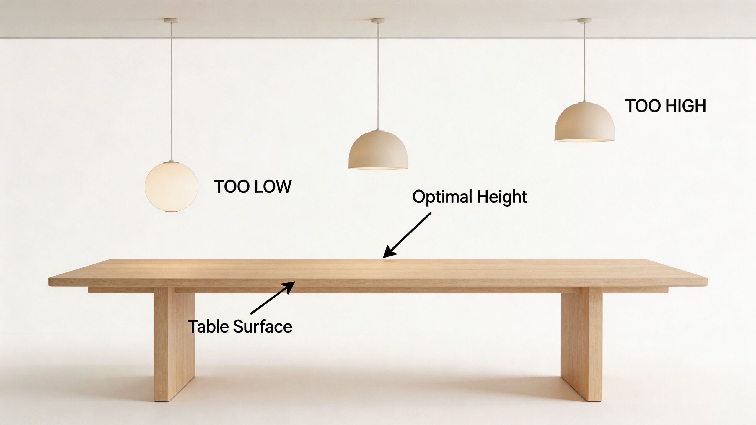 A diagram illustrating the ideal hanging heights for pendant lights over a modern wooden dining room table.
