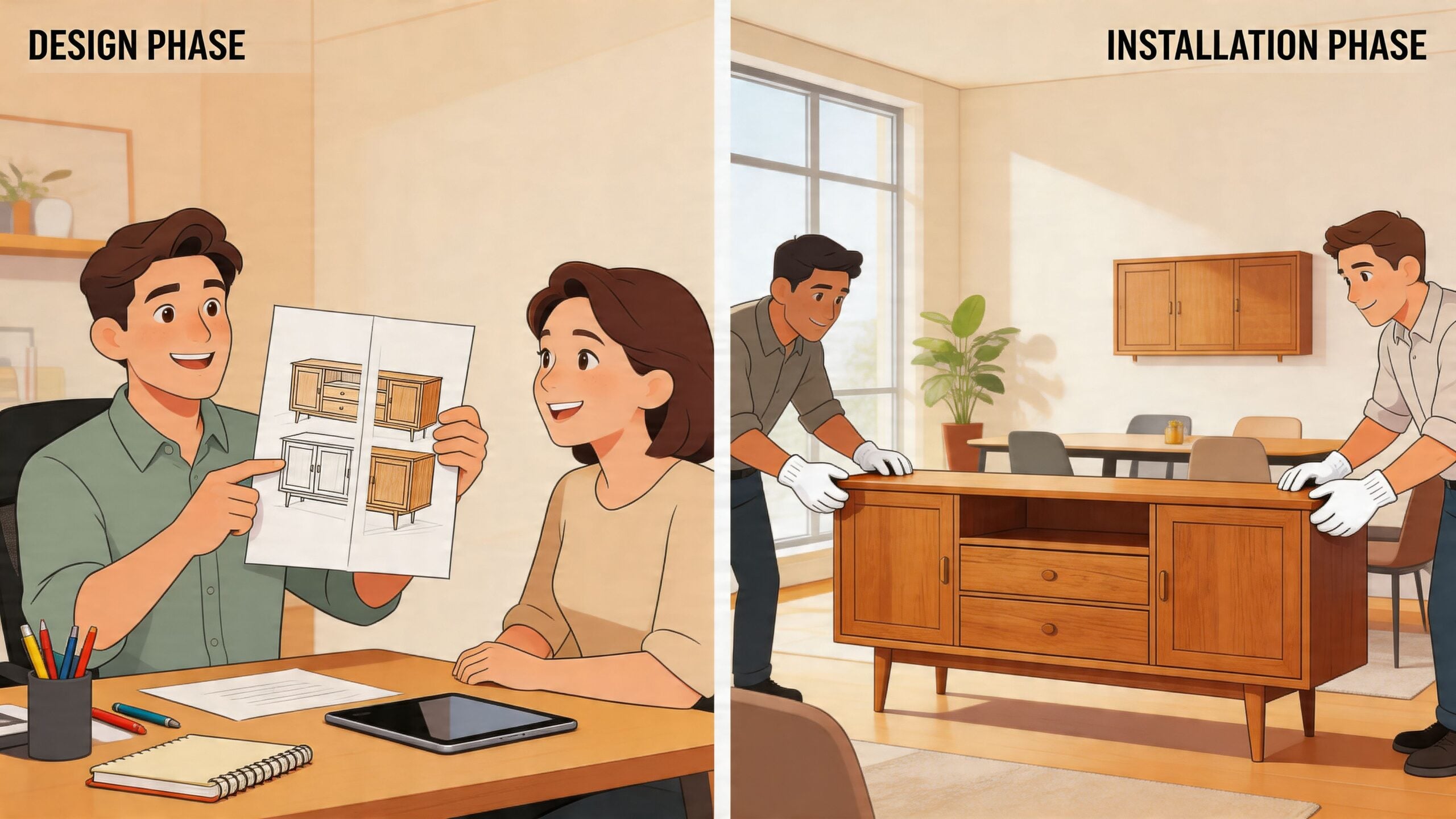 A split-screen illustration showing a man presenting sideboard design plans to a woman, followed by installers moving furniture.