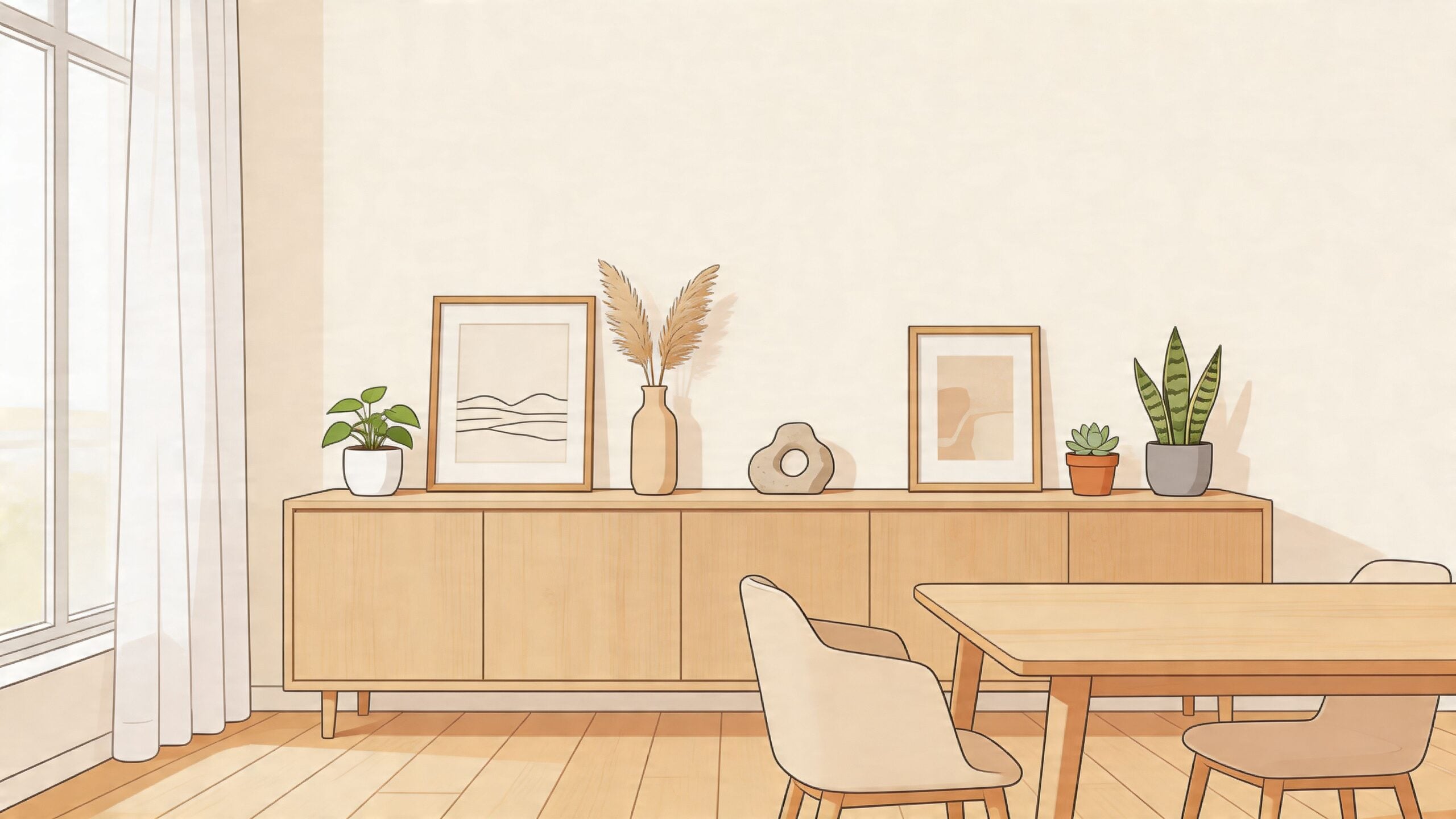 A modern dining room featuring a wooden sideboard decorated with framed art, pampas grass, and potted plants.