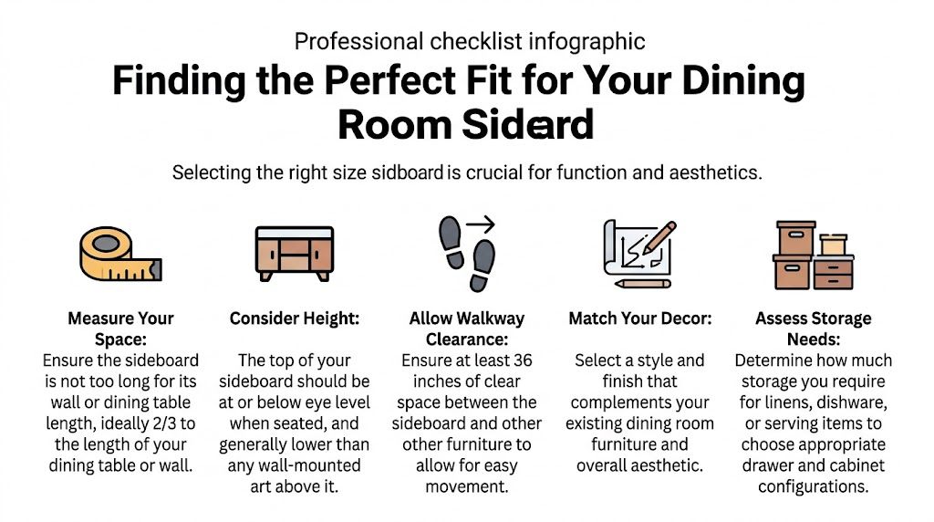 A professional checklist infographic detailing essential factors for choosing the perfect dining room sideboard size.