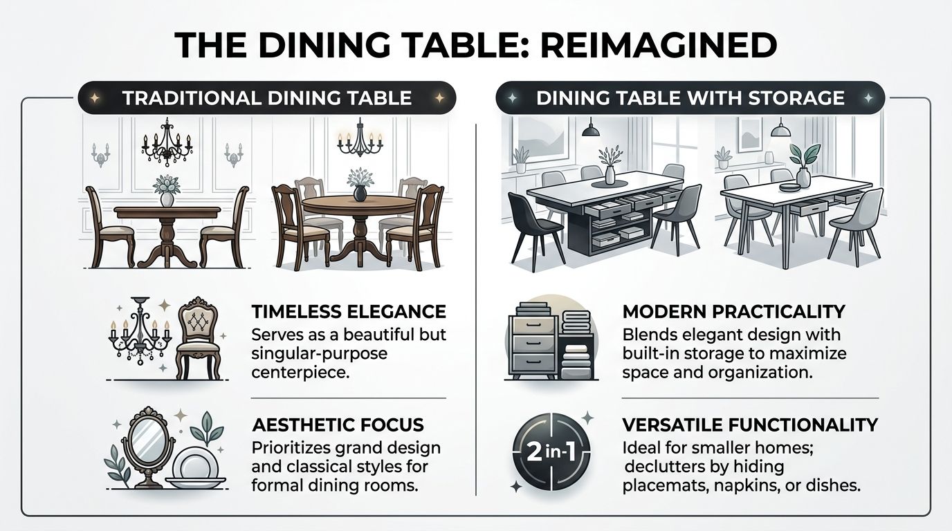 A comparison chart between traditional dining tables and modern dining tables with integrated storage solutions.