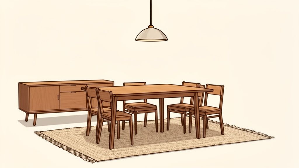 A modern minimalist dining room set with a wooden table, four chairs, and a sideboard on a rug.