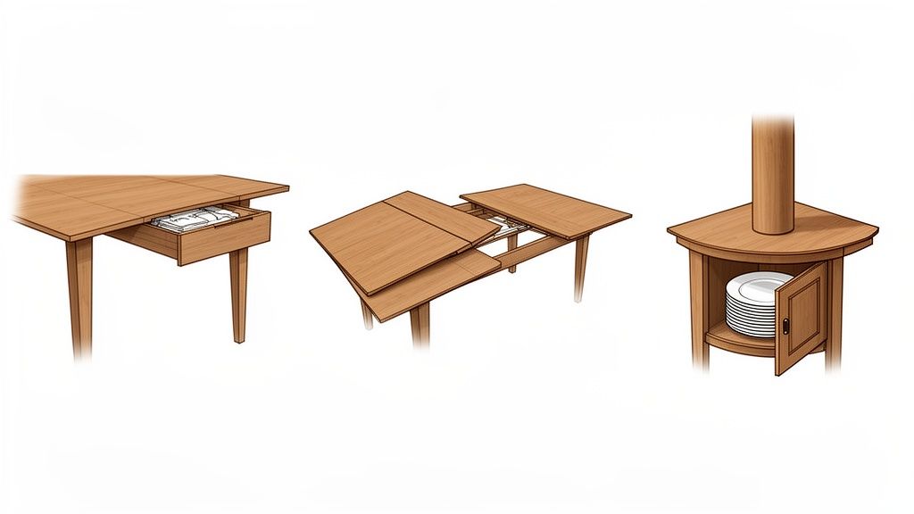 Three conceptual illustrations showing versatile dining tables with built-in storage solutions like drawers and cabinets.