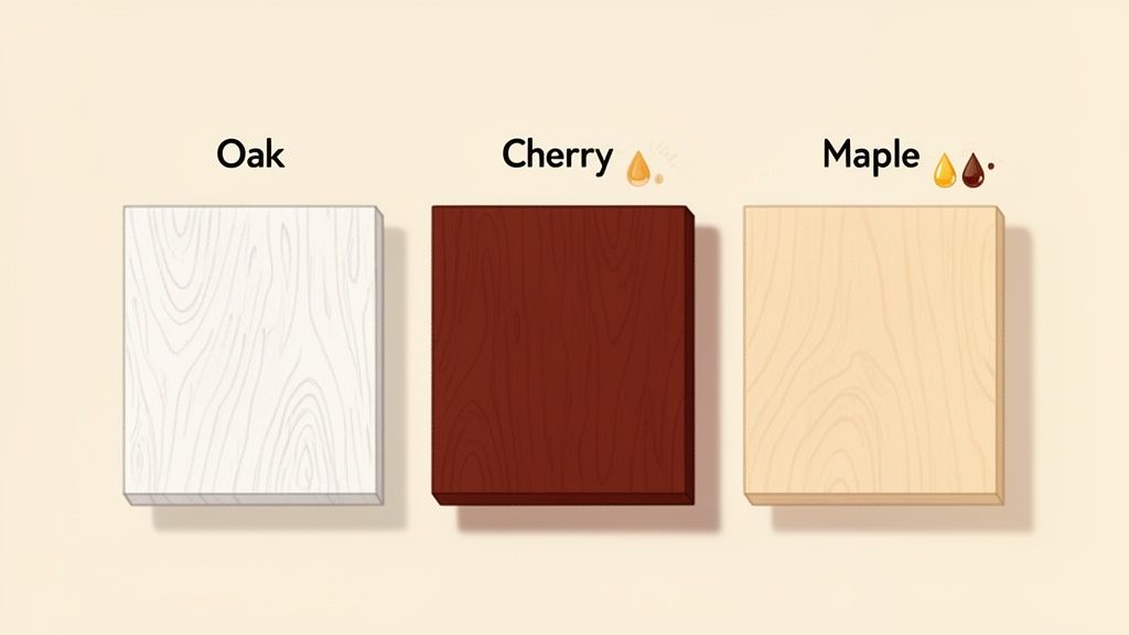 Three square wood samples labeled Oak, Cherry, and Maple showing different colors and grain textures.