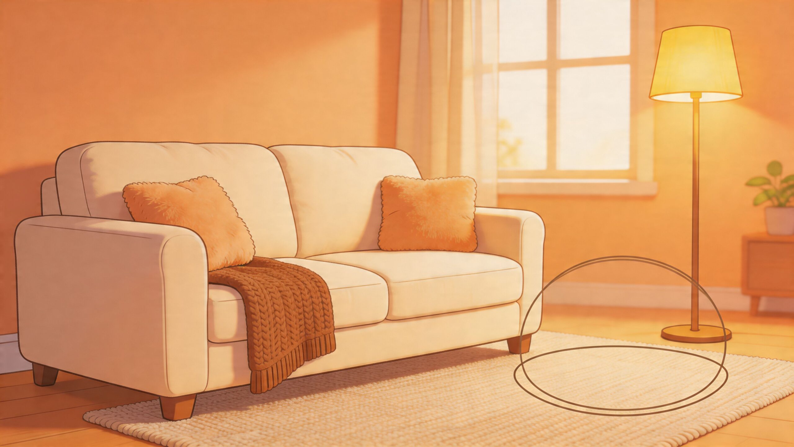 A cozy, sunlit living room featuring a comfortable light beige sofa, a knitted throw, and floor lamp.